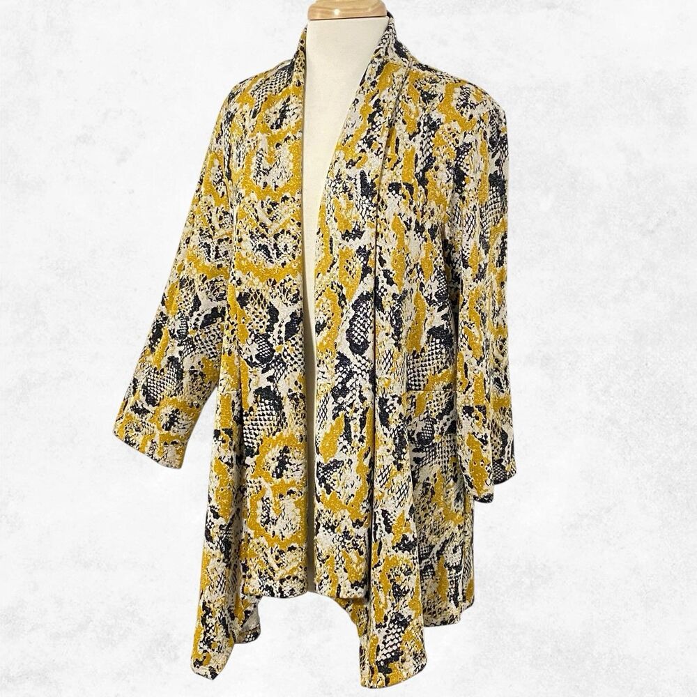 Kasper 2X Drape Yellow Gold Black Sparkle Sweater Cardigan Open Front Metallic